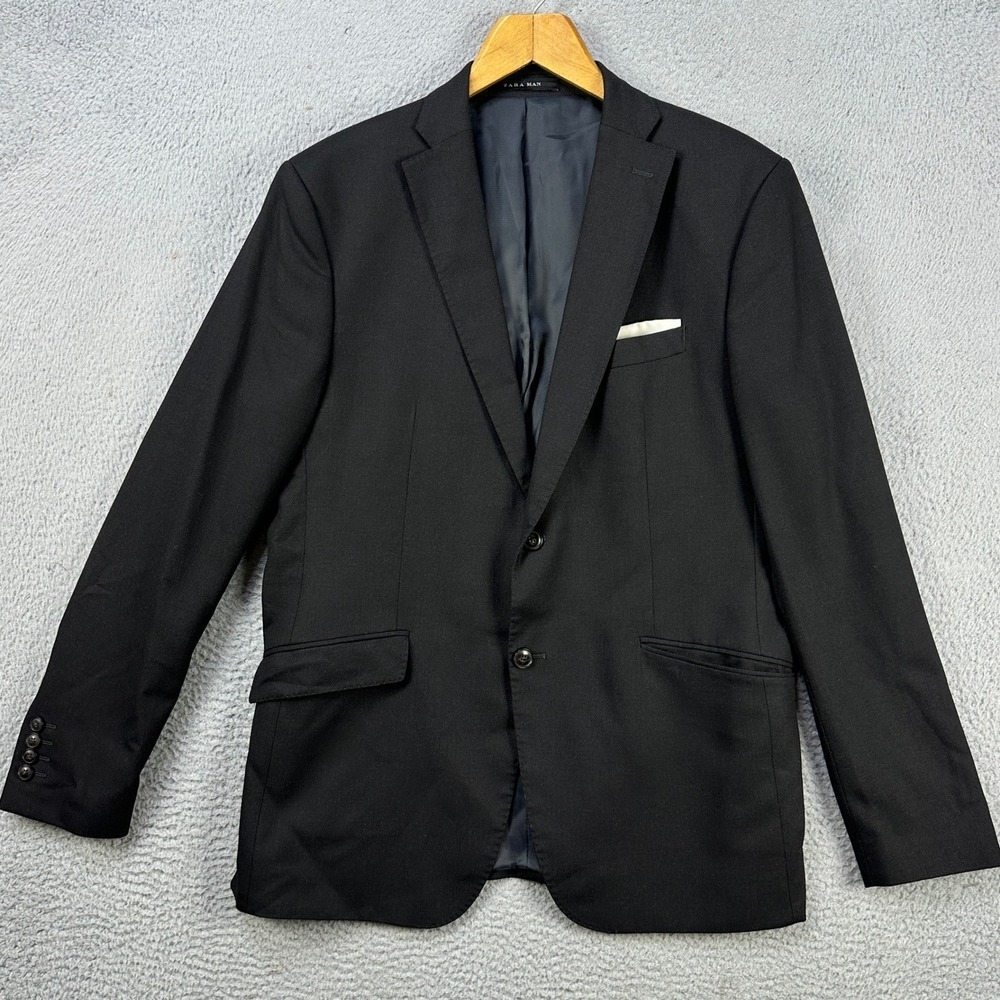Zara Man Blazer Sport Coat Mens 44 Black Long Sleeve 2 Buttons Formal Pockets